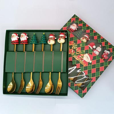 1/2/4/6Pcs Stainless Steel Spoon Christmas Dessert Spoon Cake Fork Cartoon Christmas Tree Elk Spoon Fork Christmas Gift Box