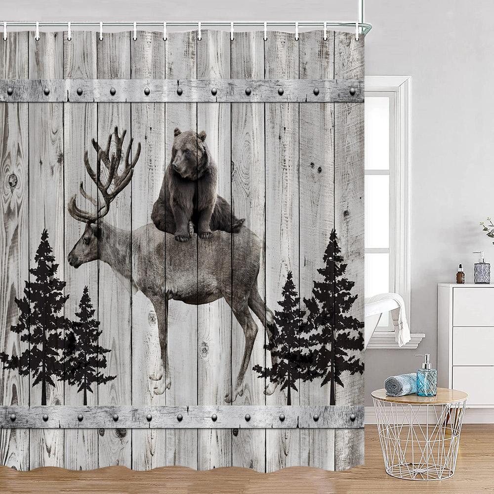 Funny Bear Shower Curtains Bathing Bear Wooden Plank Pattern Fabric Bathroom Decor Bear Silouette Rustic Bath Curtain With Hooks