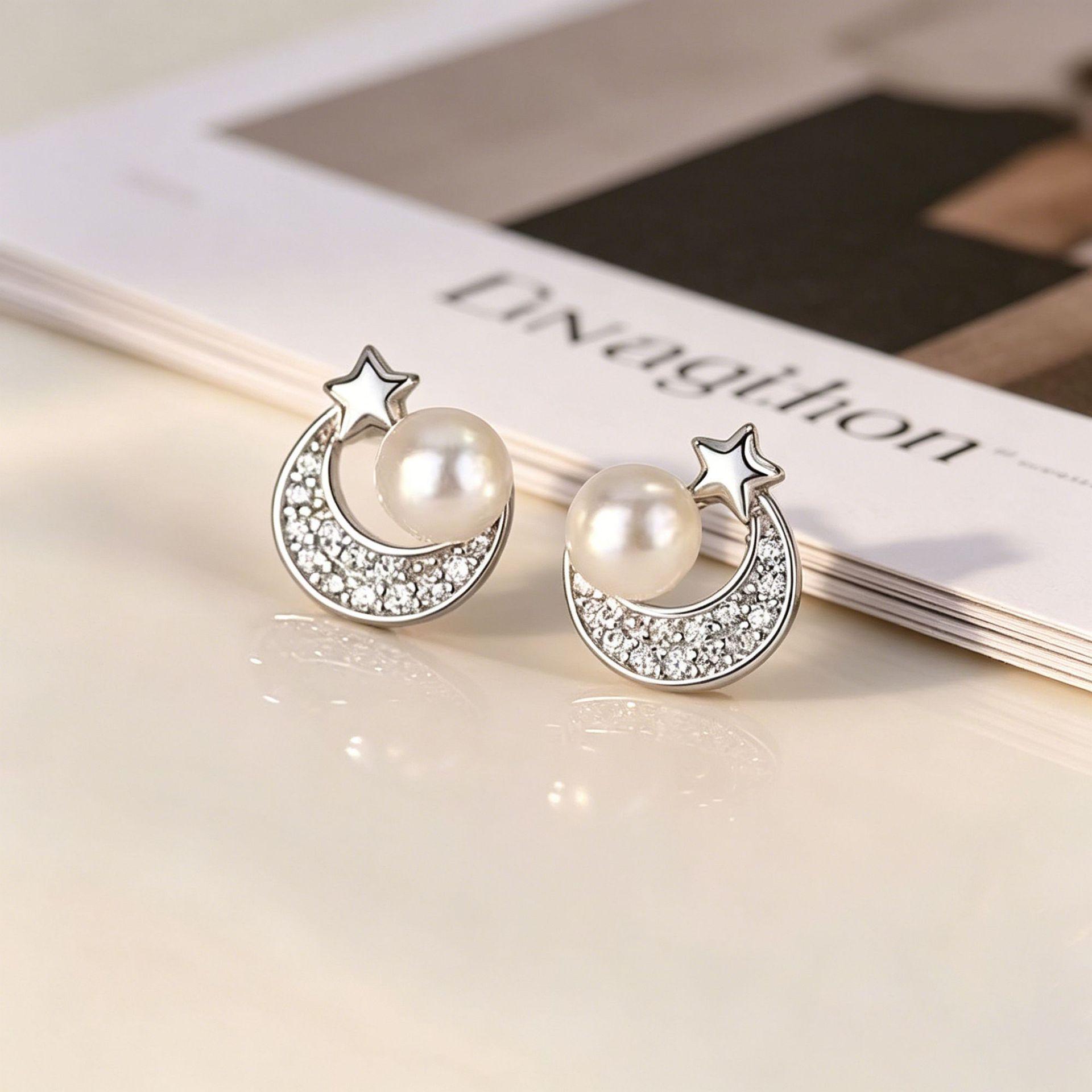 Yanbai Star & Moon Faux Pearl Earrings for Women – Simple Temperament Ear Studs