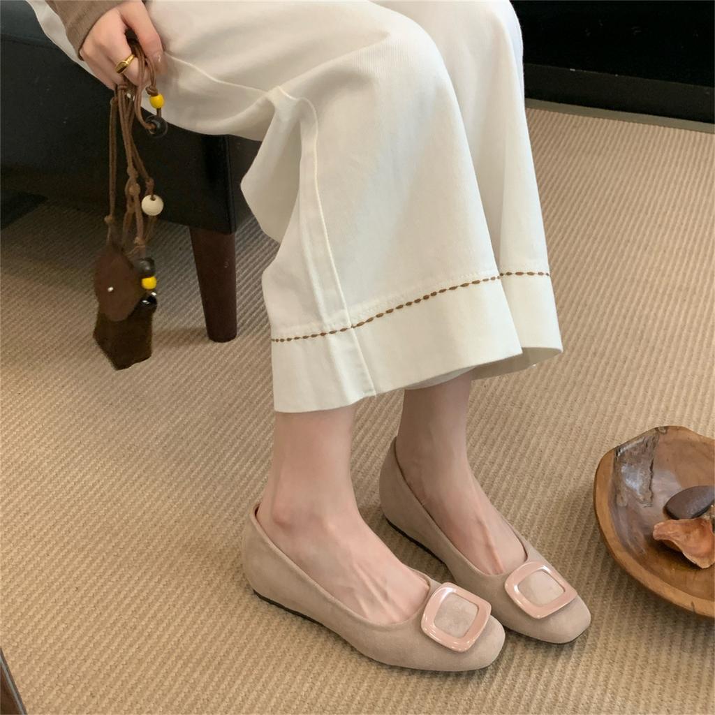 French Gentle Inner Heightening Suede Square Buckle Single Shoes 2025 Autumn New Shallow Mouth Temperament Commuting Soft-soled Grandma Shoes