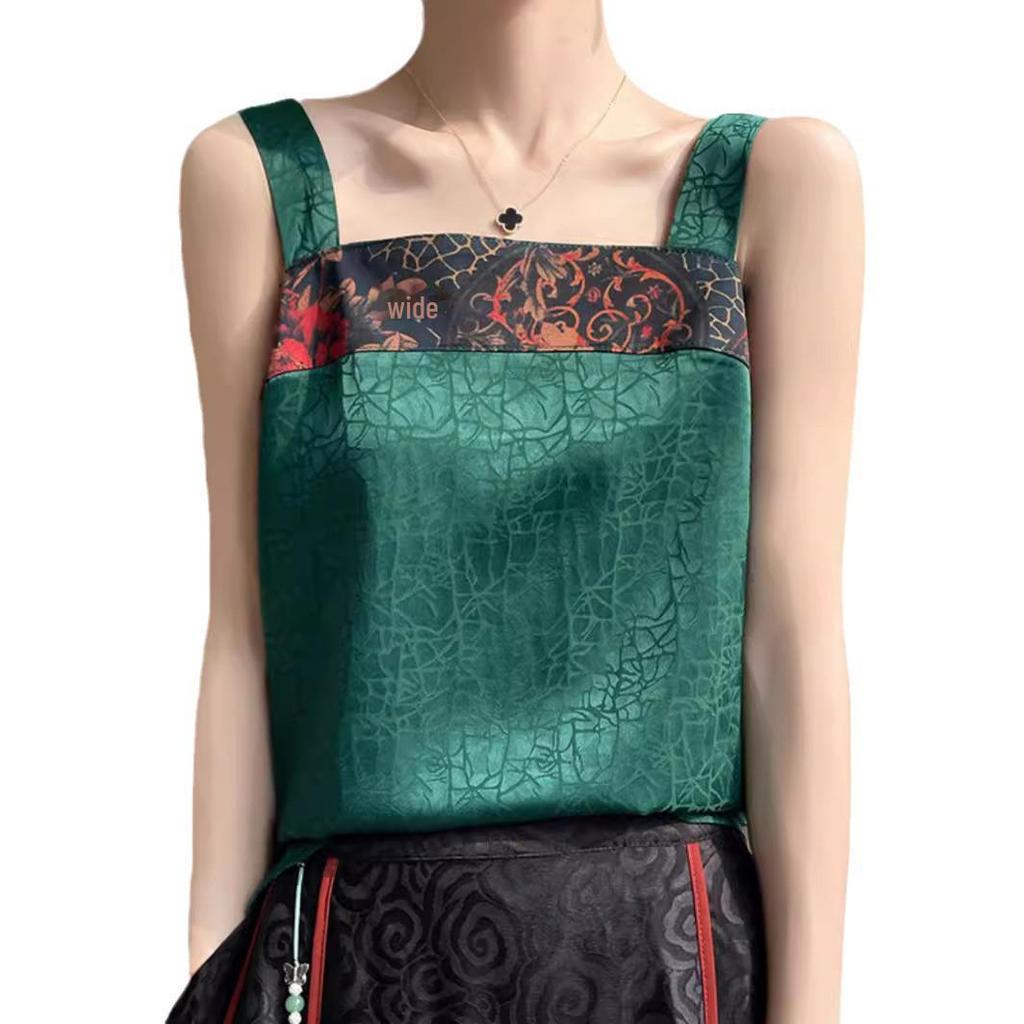 Chinese Embroidery Silk Camisole with Square Collar and Sleeveless Design