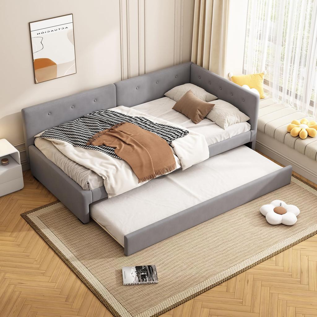 Schlafsofa Polsterbett 90x200cm, Ausziehbares Bettsofa mit Rollen, Samt minimalistisch, Gästebett Jugendliche/Kinder, Ohne Matratze, Beige