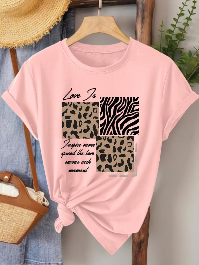 Vintage Letter Leopard Graphics Print Casual Summer Women's Short Sleeve T-Shirt Round Neck Y2k Tops Versatile Female Clothing