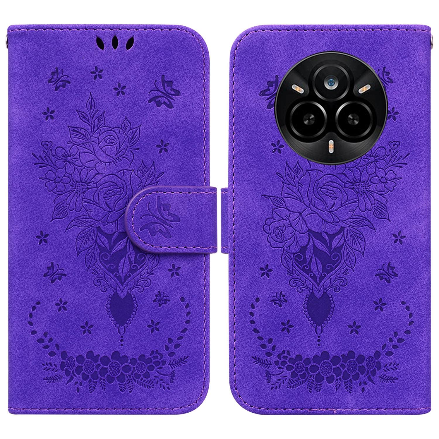 

For Realme 14 Pro 5G Case PU Leather Wallet Phone Cover Butterfly Flower Imprint Purple