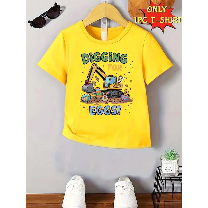 European sizes Easter WML Boys "Digging for Eggs" Fashion Egg Digger Print Casual Spring/Summer Short Sleeve T-Shirt