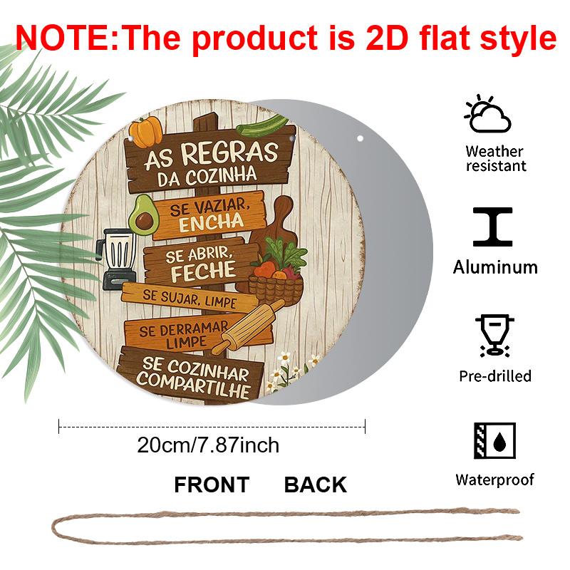 2D Flat, 1pc Vintage Round Metal Aluminum Sign, Portuguese "As Regras Da Cozinha" - 7.87x7.87 Inches Funny Kitchen Rules Design, Retro Rustic Wall
