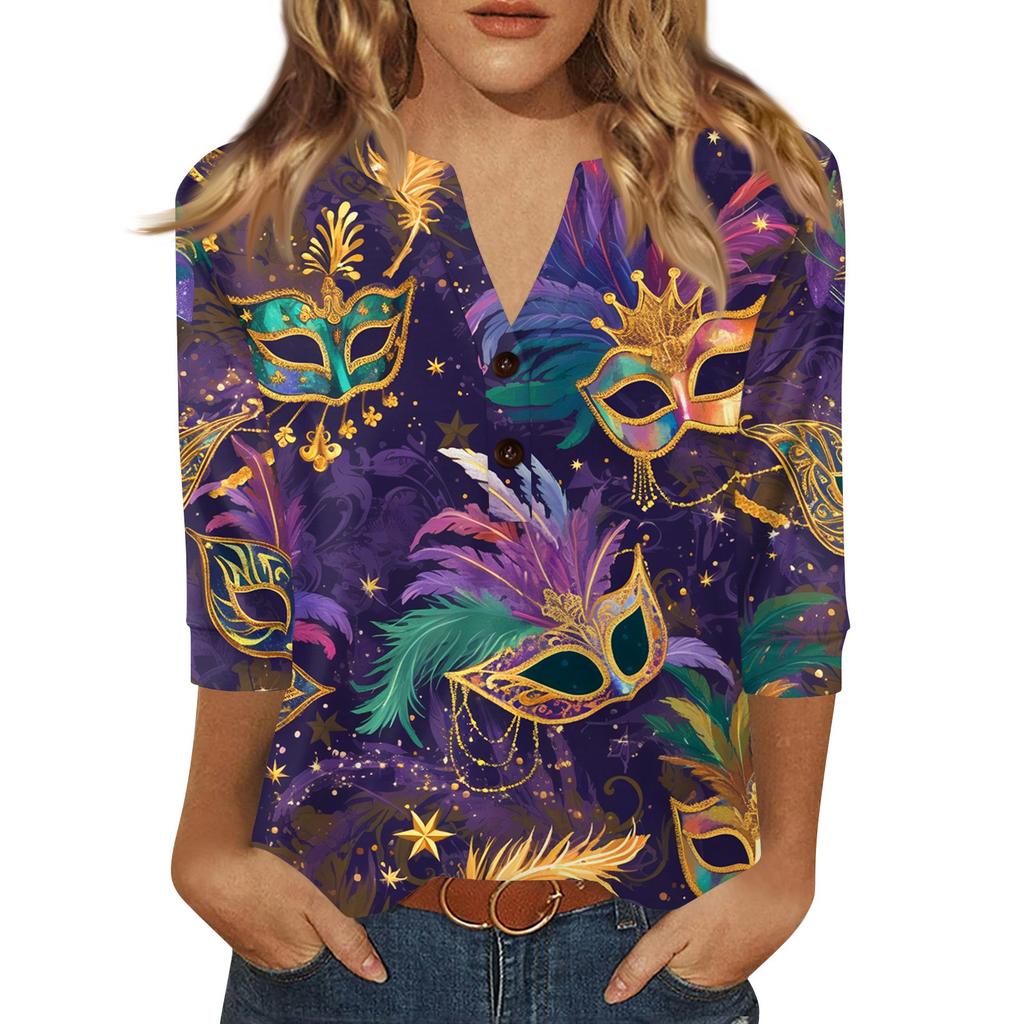 Women's Carnival Printed Fashionable Casual V-neck Button Seven Inch Sleeve T-shirt Top