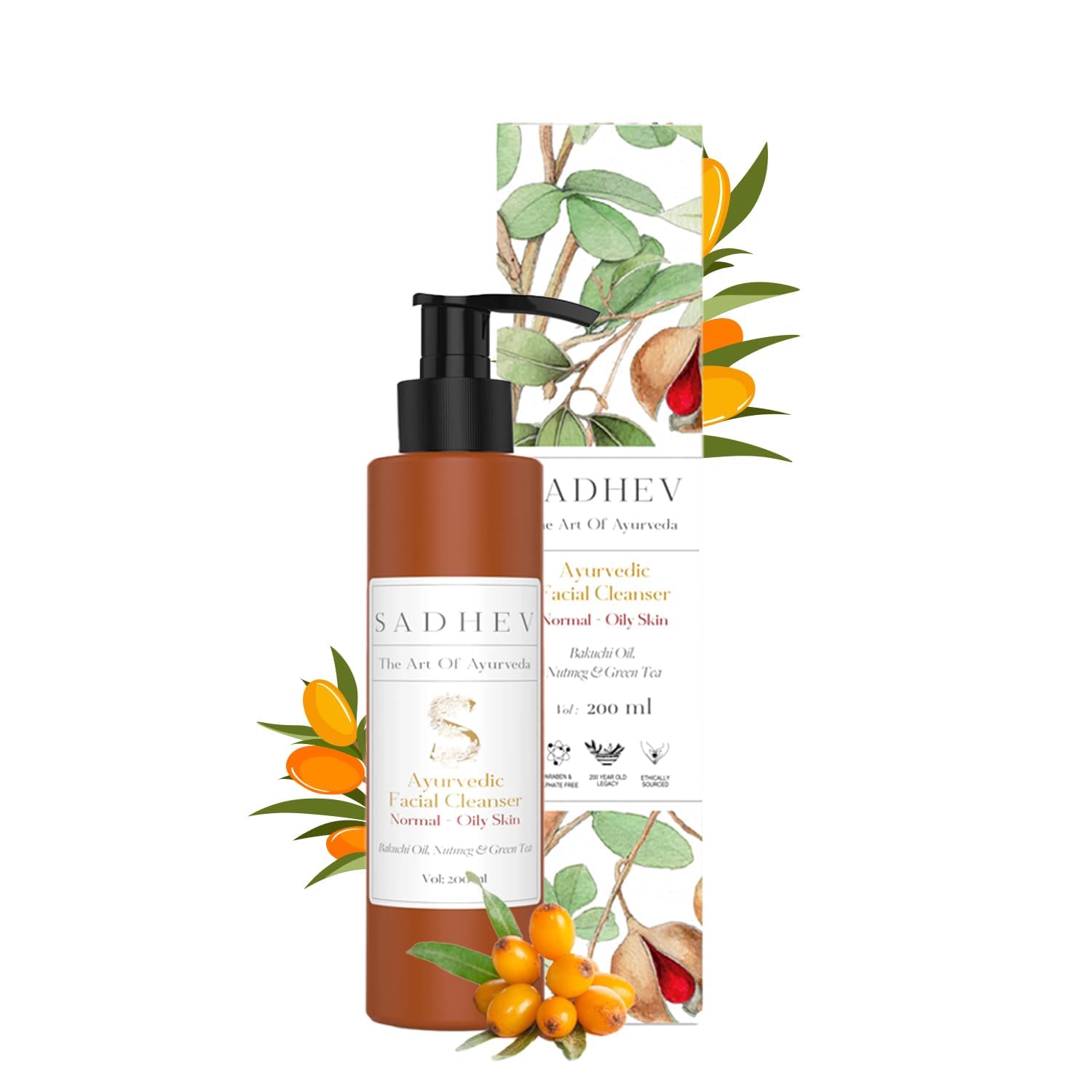 Sadhev Ayurvedic Face Cleanser For Normal And Oily Skin With Bachui Oil, Nutmeg And Green Tea-200ML