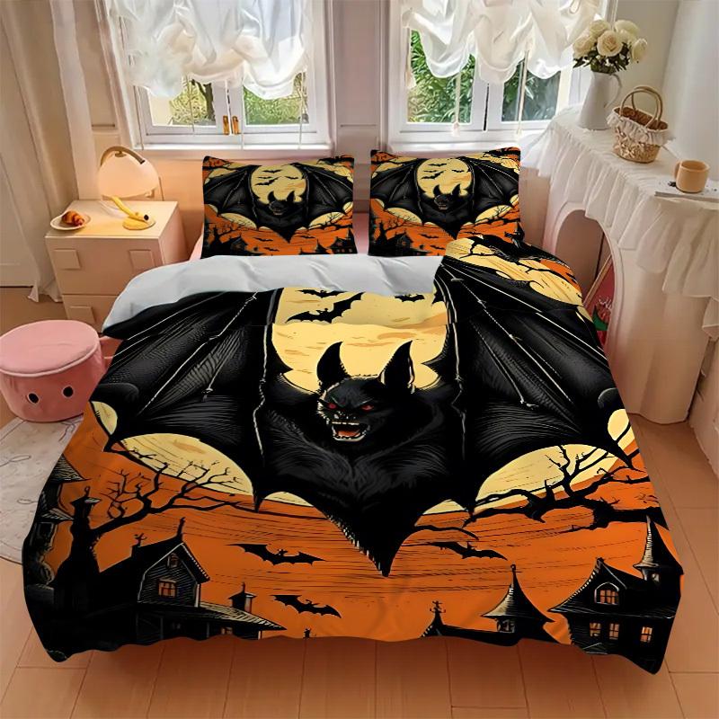 3pcs Bat, Spooky Night Duvet Cover Set, Soft Comfortable Duvet Cover,Guest Room (1*Duvet Cover + 2*Pillowcase, Without Core) yy251104136