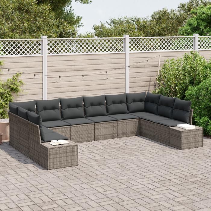 VidaXL Set de Canapés de Jardin de 10 Pièces avec Coussins Gris Poly Rattan 3355908