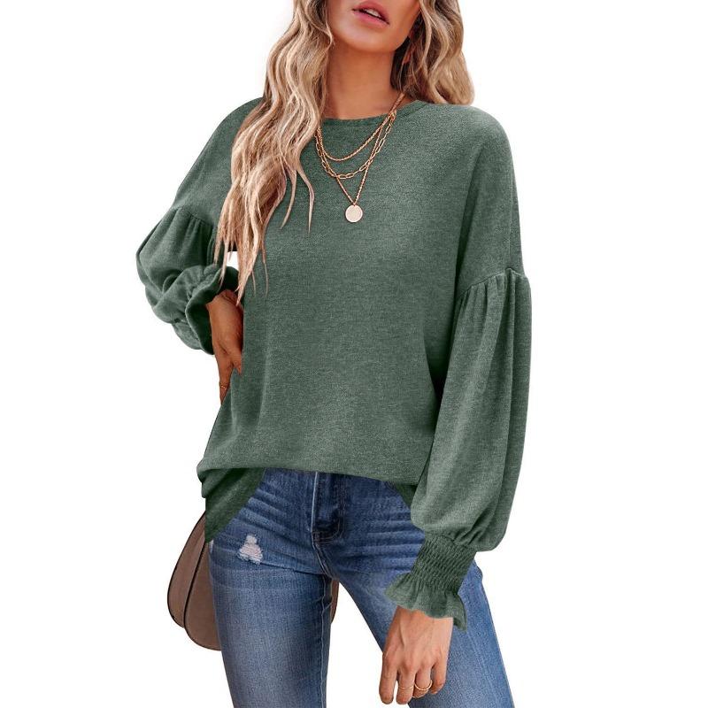 Women's Plus Size Tops Autumn Round Neck Ruffled Lantern Sleeve Pullovers
