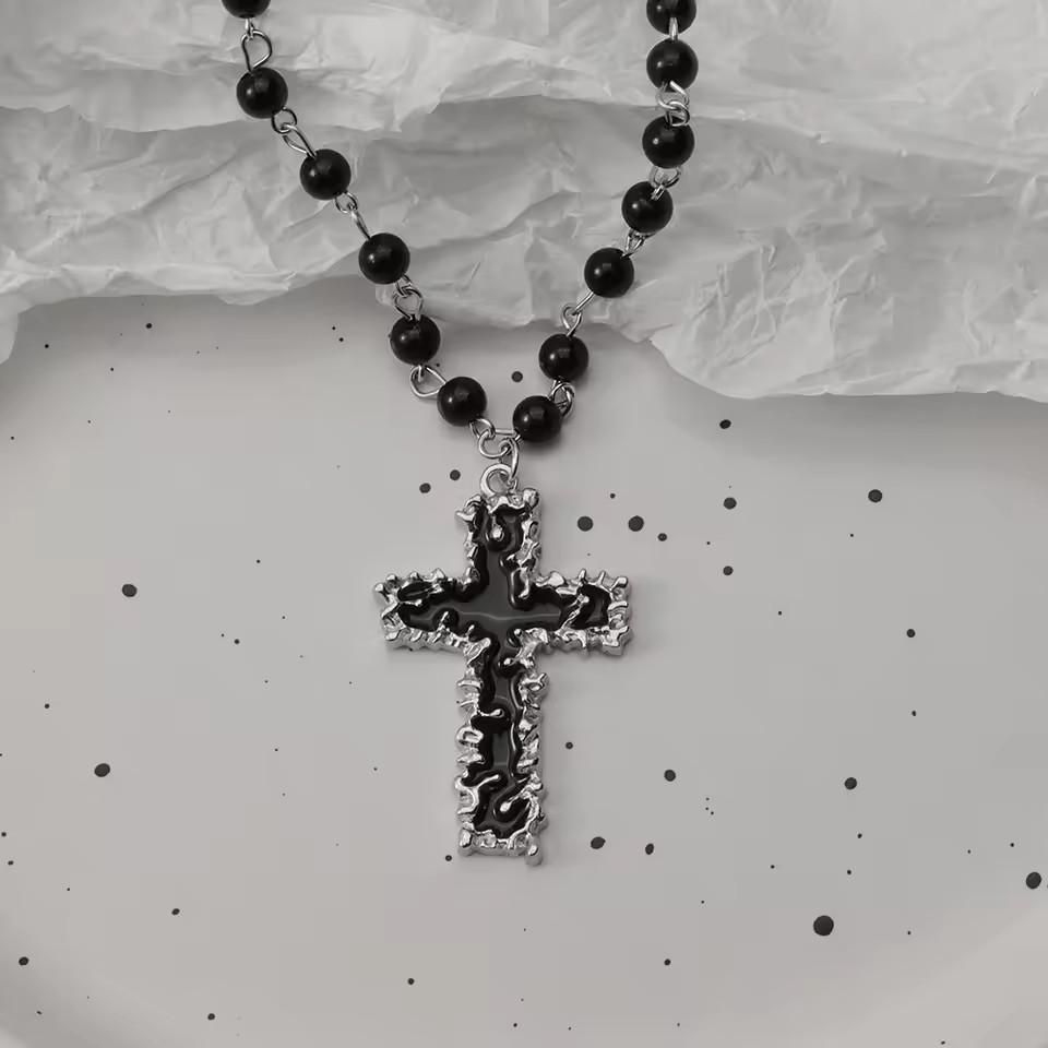 Gotische Vleermuis Kruis Donker Hanger Ketting Set, Y2K Gepersonaliseerde Doorn Liefde Zwarte Kraal Gestapelde Ketting Set, Geschikt als Halloween G