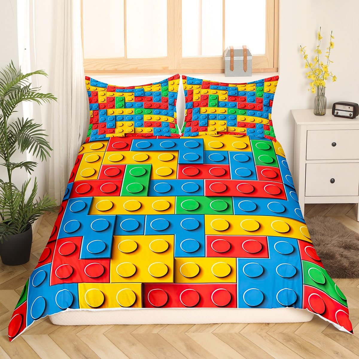 

Building Blocks Duvet Cover King Funny Geometric Toy Bedding Set Kids 3D Rainbow Construction Brick Polyester Comforter Cover EU Single(135x200cm)