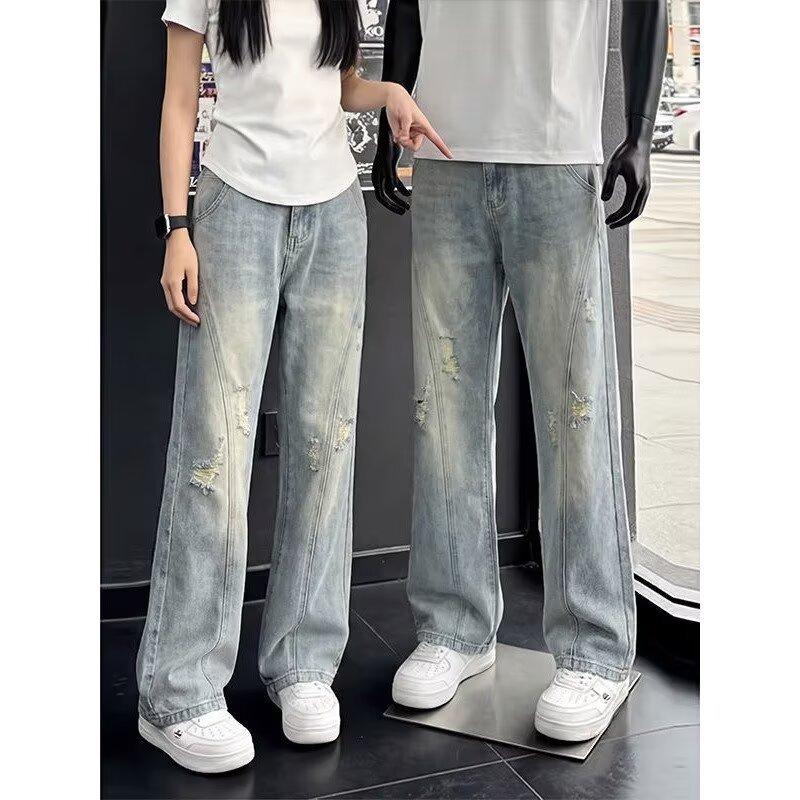 American casual ruffian handsome washed splicing old ripped jeans men's straight loose trendy high street wide-leg pants