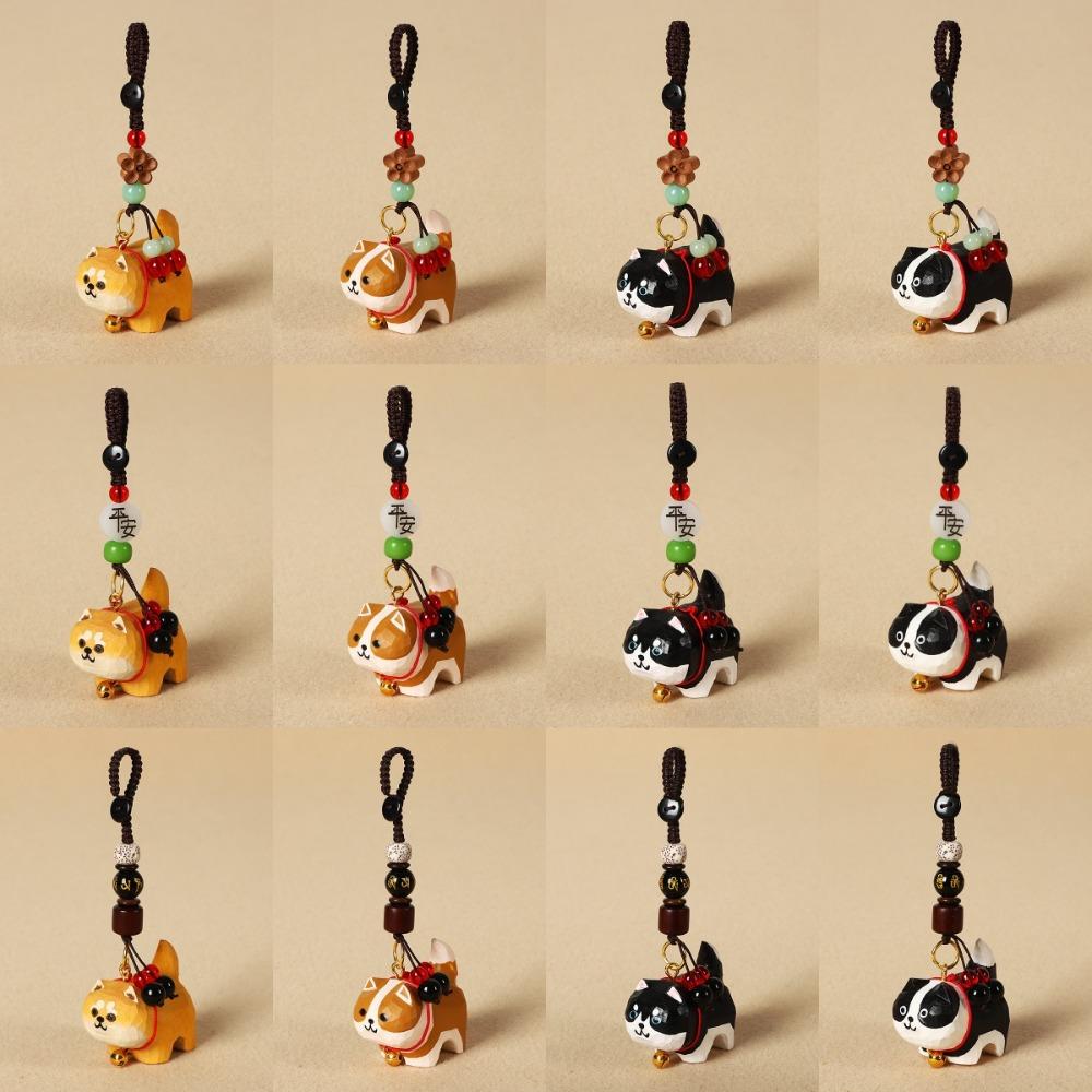 Flower Wooden Carved Dog Keychain Weave Rope Car Keyring Wood Shiba Inu Dolls Pendant  Students