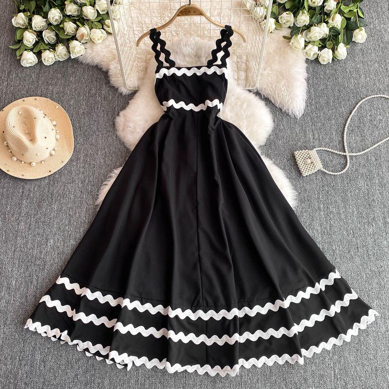 

Vacation Style Summer New Arrival Contrast Color Beach Dress with Suspenders Black XL