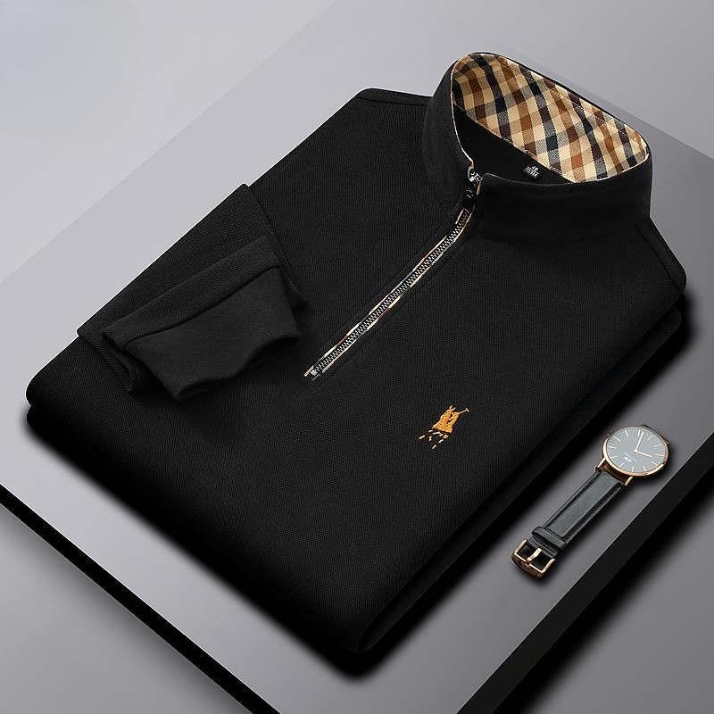 TrendHub Men's Embroidered Half Zipper T-shirt High End Brand Autumn Winter Leisure Fashion Comfort Long Sleeved Stand up Collar T-Shirt