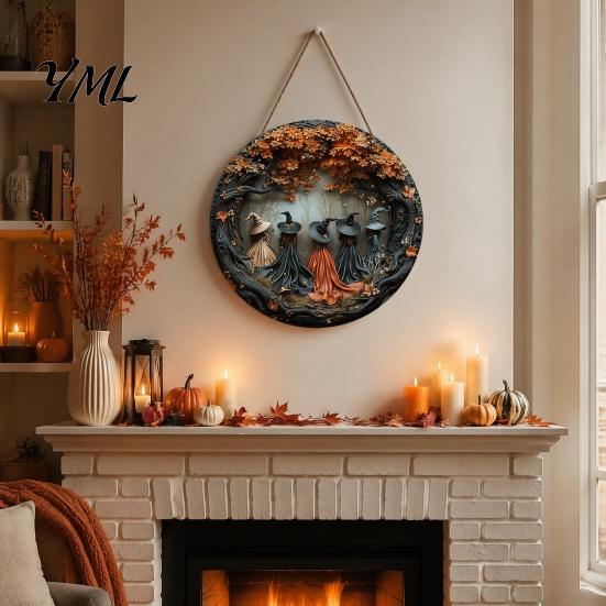 Minimalist Wooden Sign for Garden Halloween Round Hanging Door with 5 Witches, Decorative Boho Style Home Accent Wall Plaque Front Porch Yard Balcony