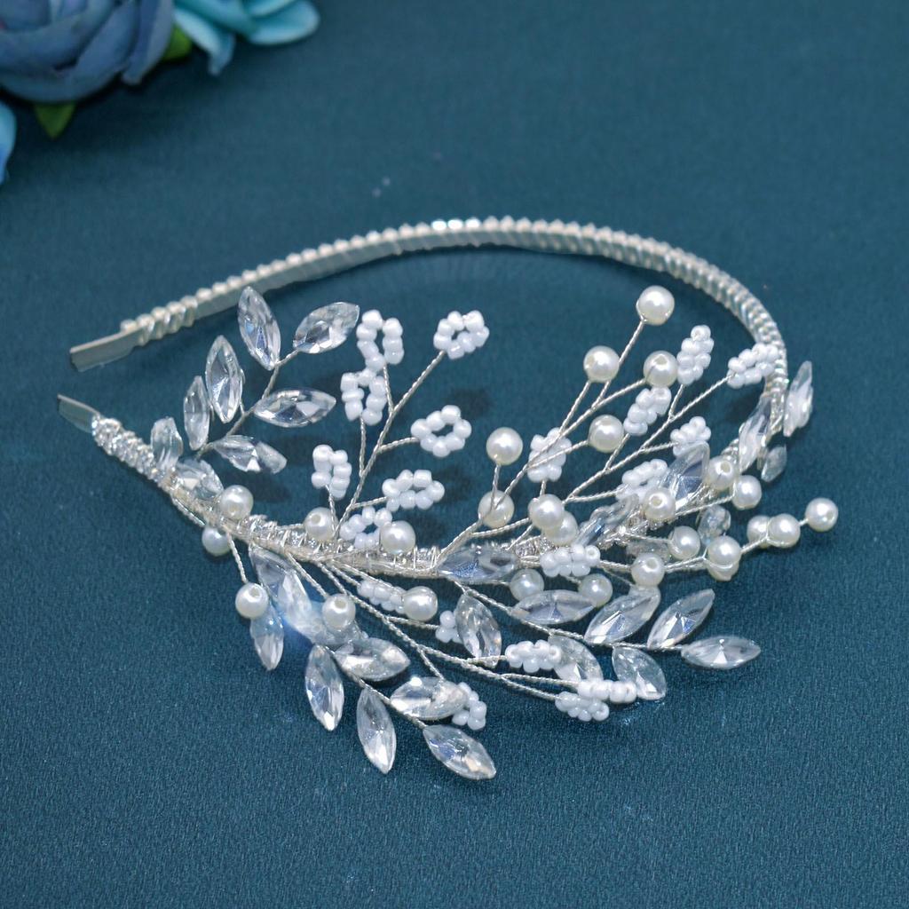 Double Row Pearl Rhinestone Claw Chain Headband with Wedding Veil