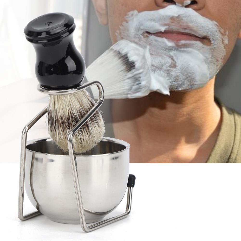 3Pcs Set Shaving Tool Kit Brush with Stainless Steel Bowl Bracket Stand for Men Daily Shaving