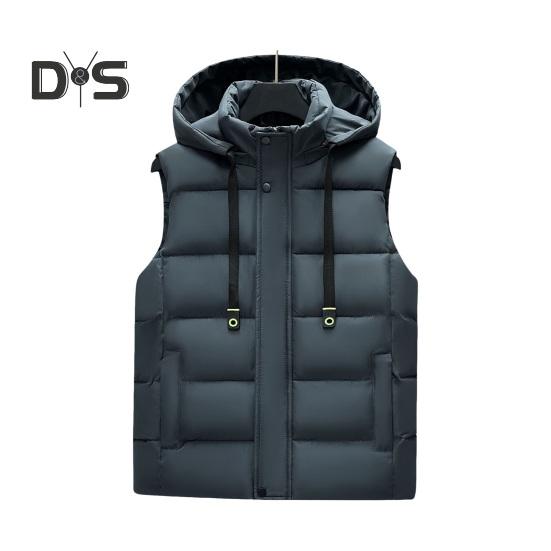 Men Waistcoat Stand Collar Hooded Sleeveless Zipper Placket Down Cotton Vest with Pockets Solid Color Thickened Vest Jacket
