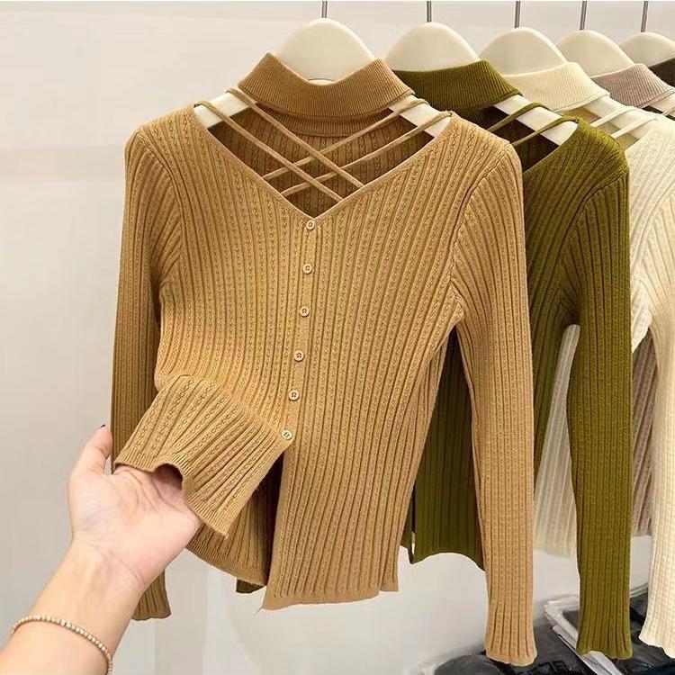 Women Out Half High Neckline Knitted Sweater for Women's Fit and Versatile Sweater Long Sleeve Short Tops
