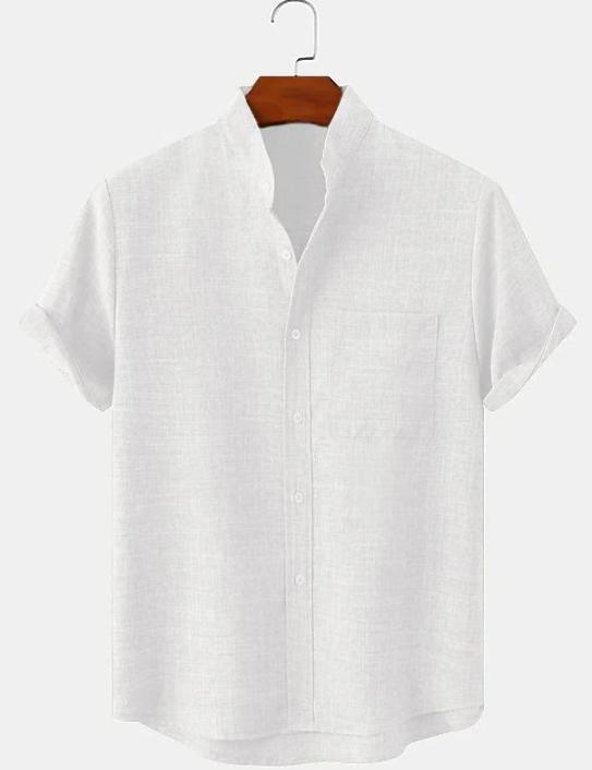 Men's Cotton and Linen Stand-up Collar Short-sleeved Solid Color Shirt Casual Cardigan Men's Shirt