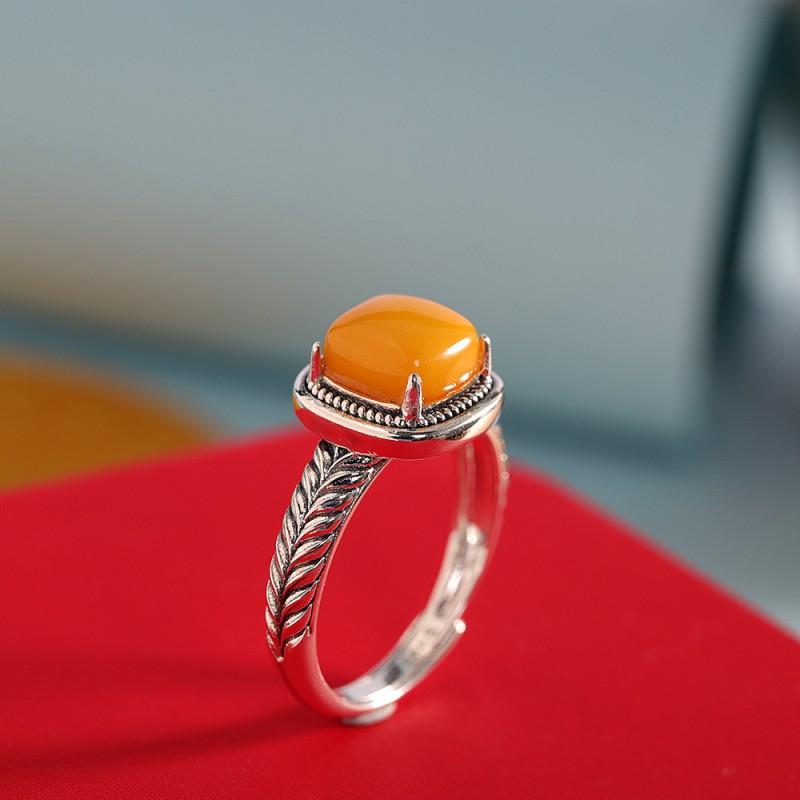 Adjustable Open Ring With Square Wheat Motif Red Agate Or Amber Inlay Vintage Bohemian Style Copper Jewelry Men Women