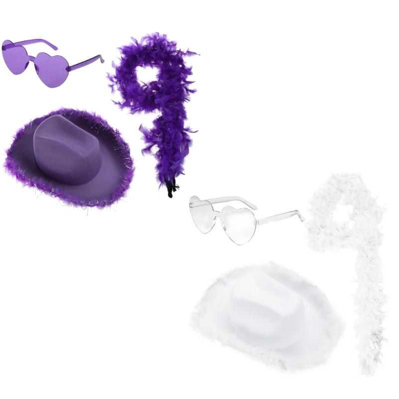 Pink Cowboy Hats with Heart Shaped Glasses Long Feather Boas Western Cowgirl Hat Halloween Costume Accessories for Women