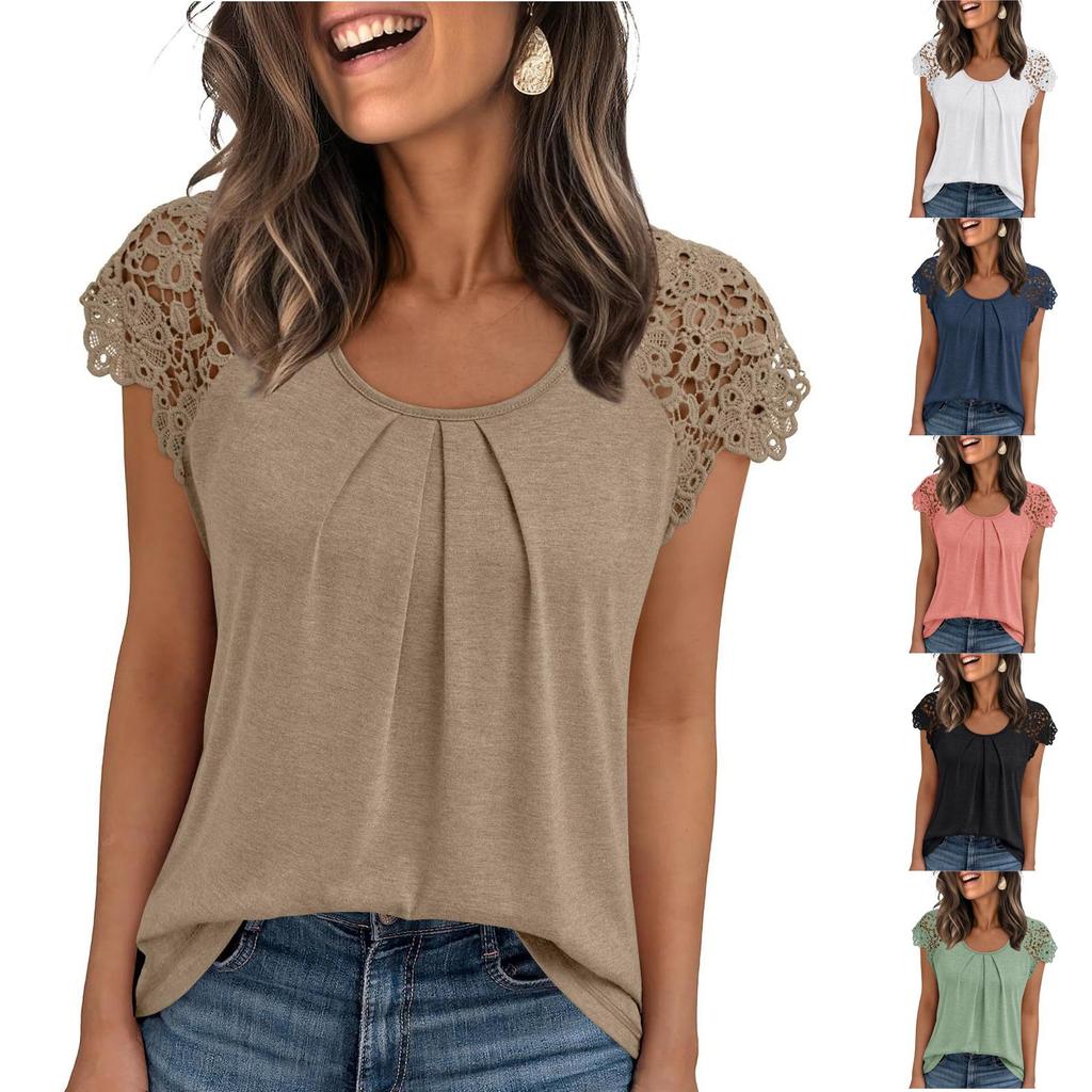 Women's Fashionable Casual Lace Sleeve Hollow Short Sleeved Round Neck T-Shirt Top