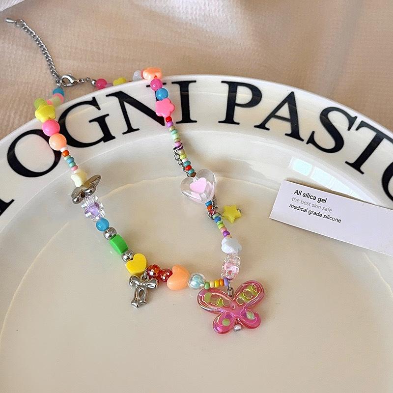 Knock Suitable for Summer Drop Rainbow Candy Necklace Female Niche Accessories Sweet Cool Babes Collarbone Chain Tide