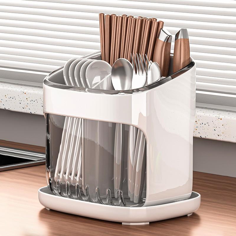 Kitchen Utensil Organizer Rack With Drainage Slots - Plastic Cutlery Holder Countertop Or Wall Mount Modern Minimalist Design