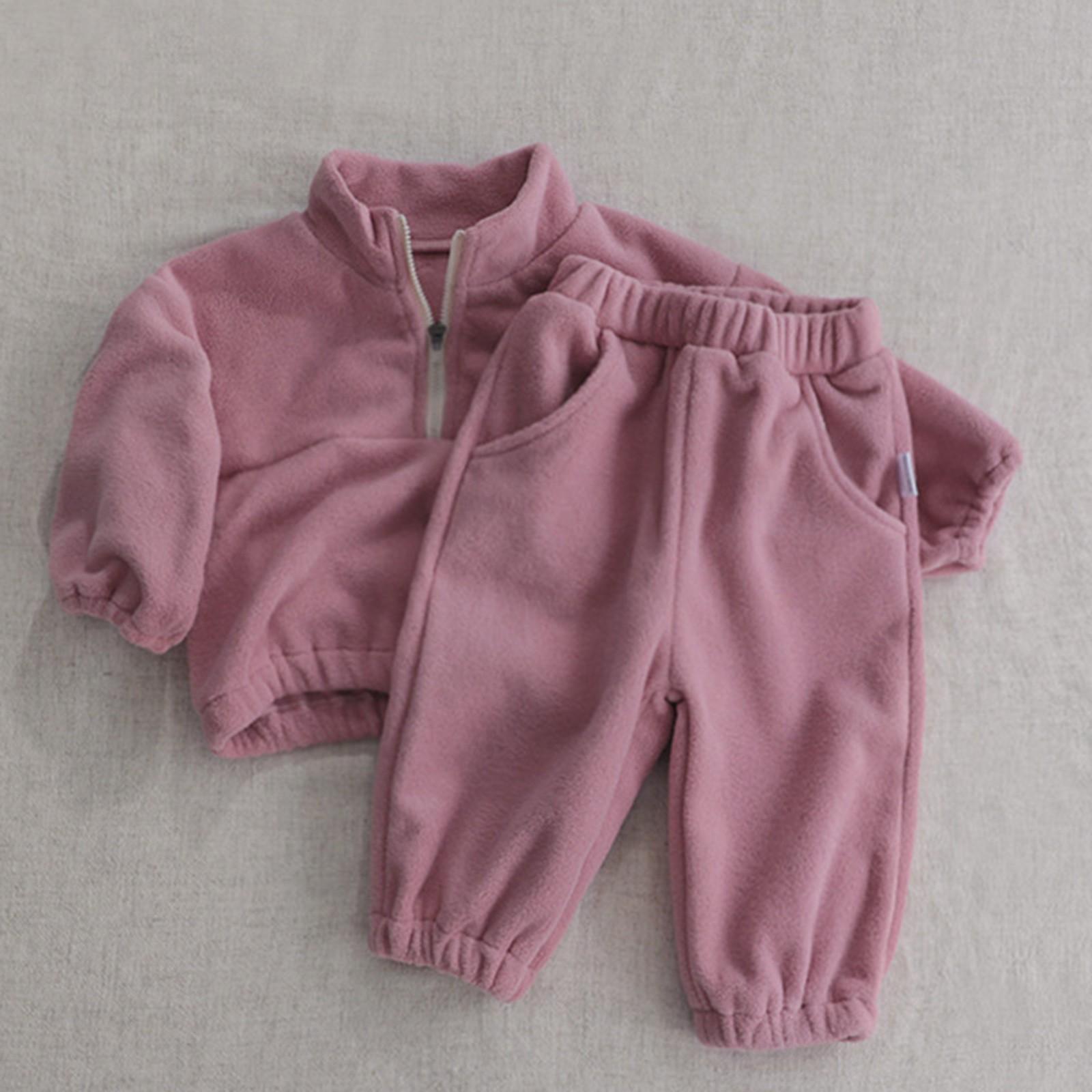 

Сплошной цветной двусторонний бархатный спортивный комплект с воротником-стойкой для мальчиков и девочек, комплект из двух предметов с плюшевой верхней одеждой 130 розовый