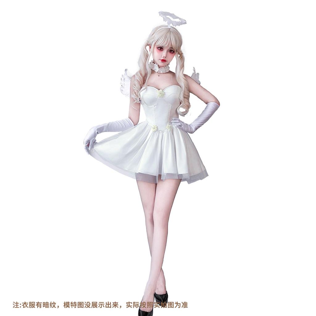 Costume d'Halloween Adulte Robe Ailes d'Ange Noir et Blanc Costume Cosplay Démon Gothique Sombre