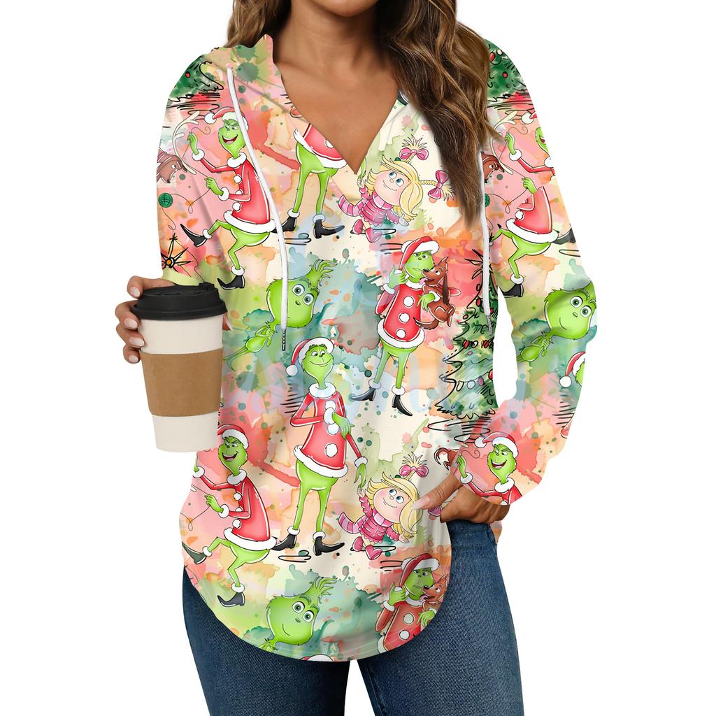 Women's Fashion Hoodies V Neck Long Sleeve Christmas Printed Drawstring Casual Loose Pullover Tops