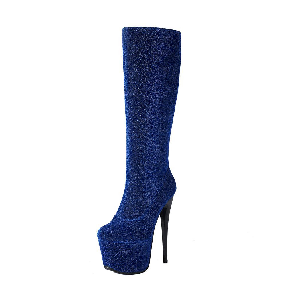 Dámské vysoké kozačky po koleno s třpytkami, sexy klubové boty na platformě na tyč, tenké super vysoké podpatky, flitrované kozačky