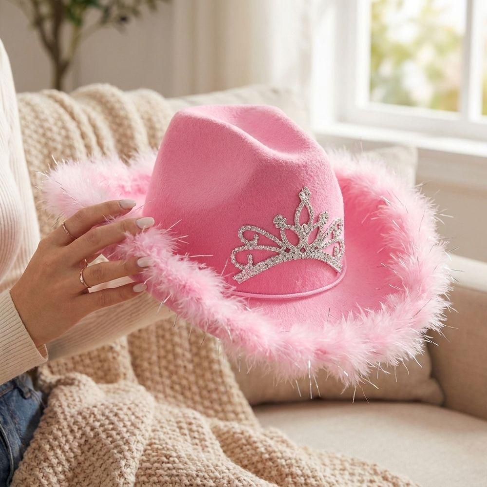 Wide Curved Brim Rhinestone Tiara Cowgirl Hat Sparkly Western Cowboy Cap Birthday Party