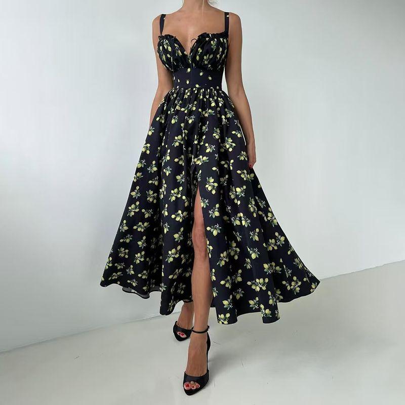 

Western Style New Fashion Sexy Print Sling Slit Dress Sexy Printed Strap Dress Black L