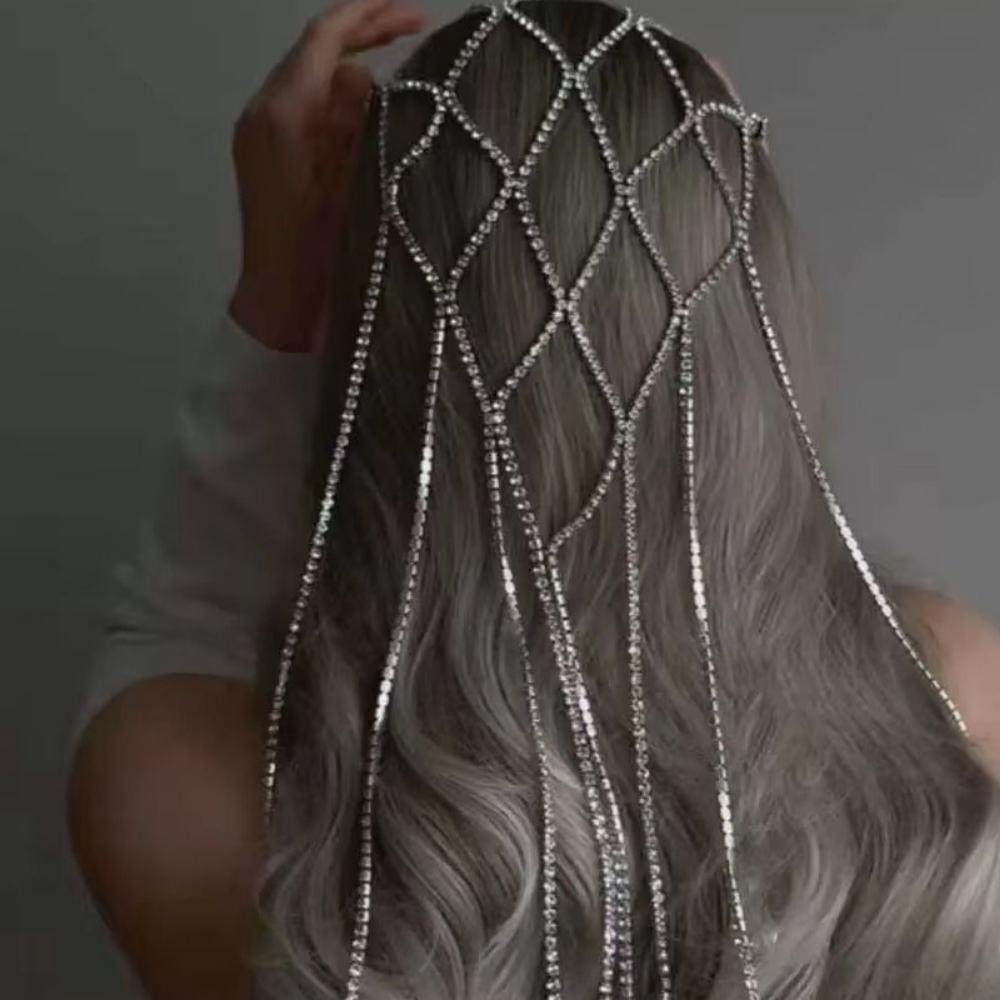 Elegant Mesh Headband Long Chain Bridal Headpiece Rhinestone Mesh Headpiece  Gatsby Party