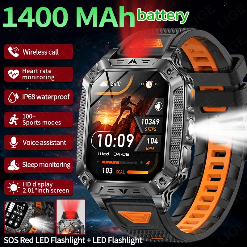 Military 1400mAh Battery Smart Watch Man Fitness Tracking IP68 Waterproof Tactical Sports Flashlight Men s Phone Smartwatch 1400mAh Big Battery