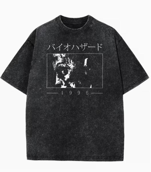 Loose Short Sleeved Tshirt with Black Washed Distressed Effect Printed Portrait of A Japanese Word and Tshirt S
