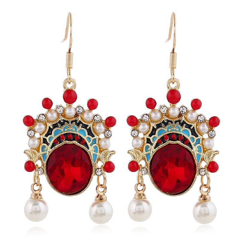 Chinese style knife and horse dan retro Peking Opera face mask earrings femininity long fringed stud earrings red trendy ear jewelry
