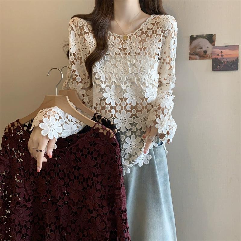 DIMANAF 2025 New Summer Women Hollow Out Holiday T-Shirt Basic Lace Fashion Tops Lace Tees Casual Loose Tees