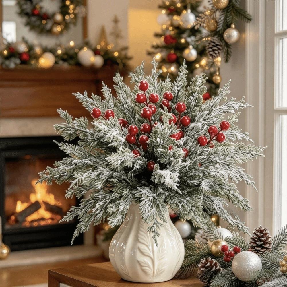 10pcs Cypress Leaves Artificial Plants With Red Berries Cypress Branches Dining Table