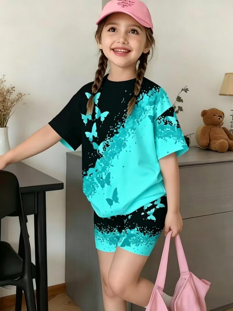 Whimsical 3D Butterfly Print 2 Piece Kids Summer Casual Set Lightweight Short Sleeve Shorts For Unisex Boys Girls