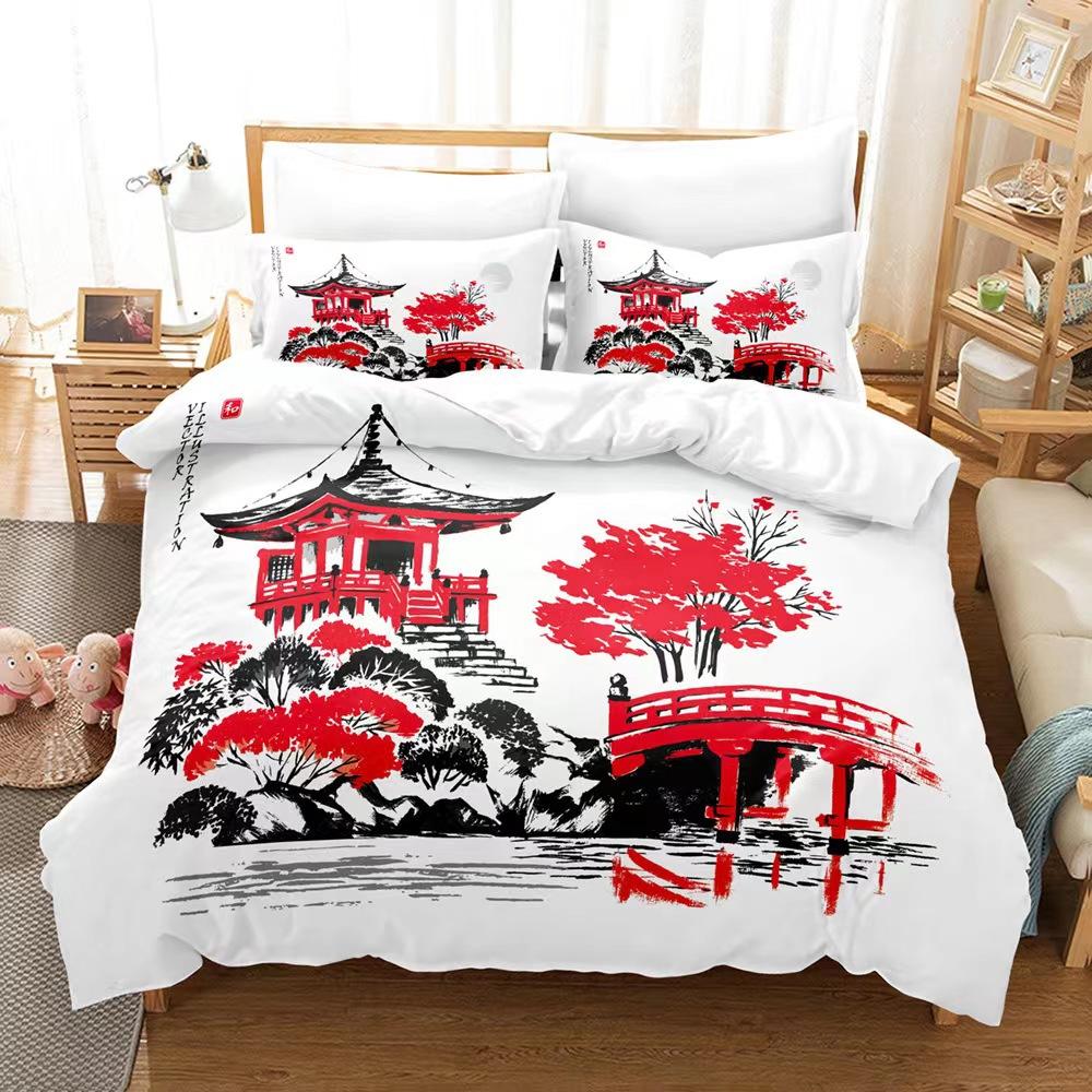 Jarní květinová série Vzor květu švestky Povlak na přikrývku Ložní prádlo 3D digitální tisk Povlak na peřinu Povlak na polštář Ložnice (Třídílná sada) Soubor