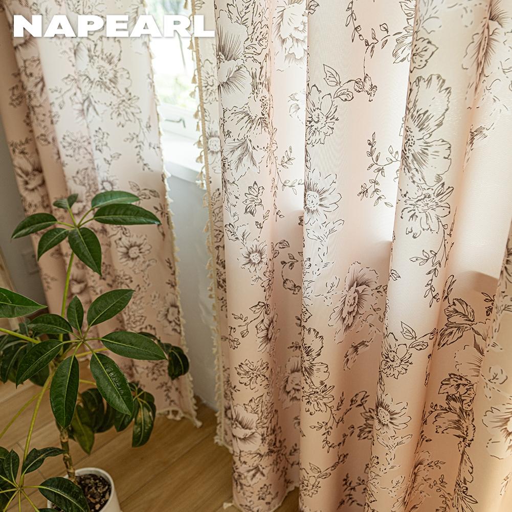 1PC NAPEARL French Retro Gentle Printed Curtains with Tassel Edge Semi Transparent Curtains for Bedroom Living Room Window Home Decor