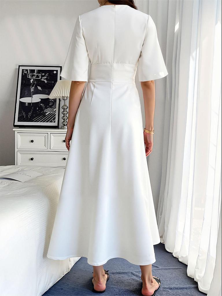 2026 French Casual Solid Color Holiday Dress - Women's Long & Short Sleeve Spring/Summer