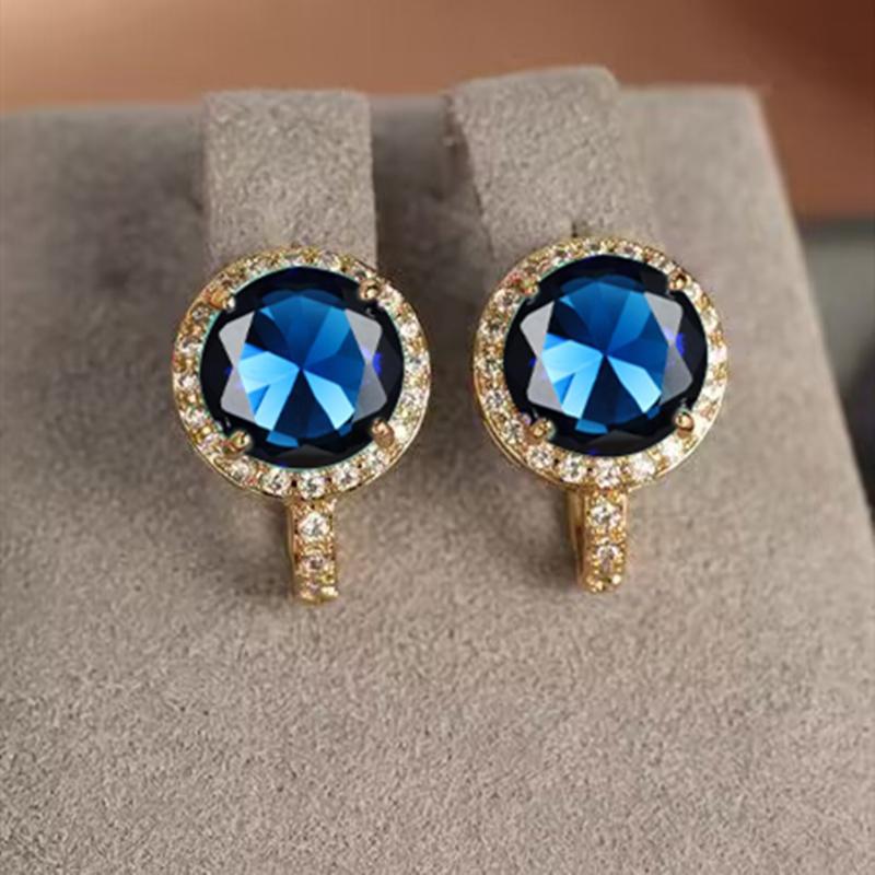 

Cute Blue Round Crystal Stone Small Hoop Earrings For Women Vintage Gold Color Ear Buckle Wedding Jewelry Engagement Party Gifts
