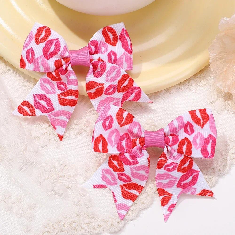 2Pcs/set 2.36''  Valentine's Day Printed Bow Hairclips for Girls Children Ribbon Hair Bows Clip Cheer Up Hair Accessories Gifts